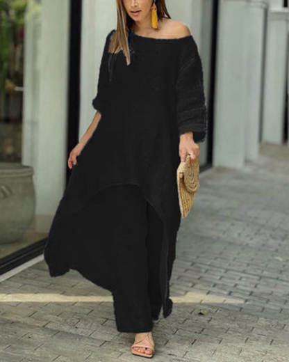 Women's Linen Longline Top and Relaxed Pants Set – Geovana – Black