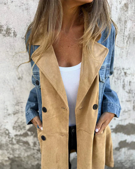 Women's Two-Tone Denim and Suede Overcoat – Marina – Beige