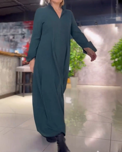 Long Relaxed Dress with Lapel and Side Slit – Ilaria – Green