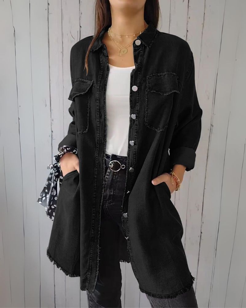 Women's Oversized Denim Shirt with Front Pockets – Elisa – Black