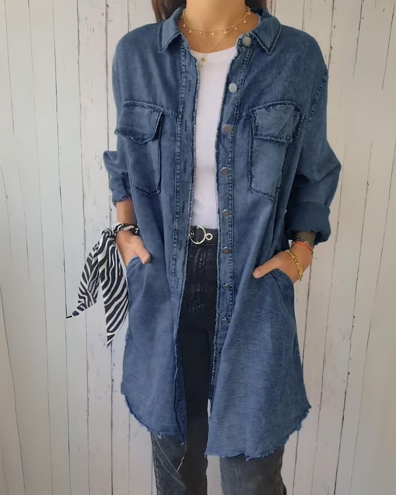 Women's Oversized Denim Shirt with Front Pockets – Elisa – Dark Blue