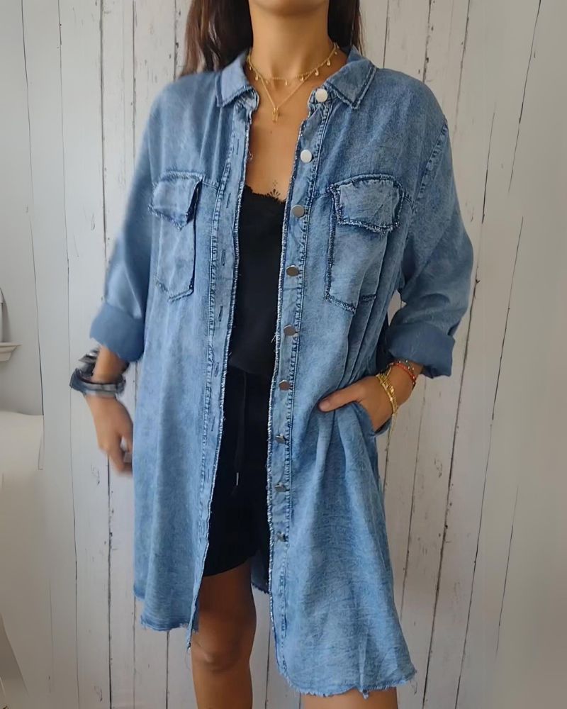 Women's Oversized Denim Shirt with Front Pockets – Elisa – Blue
