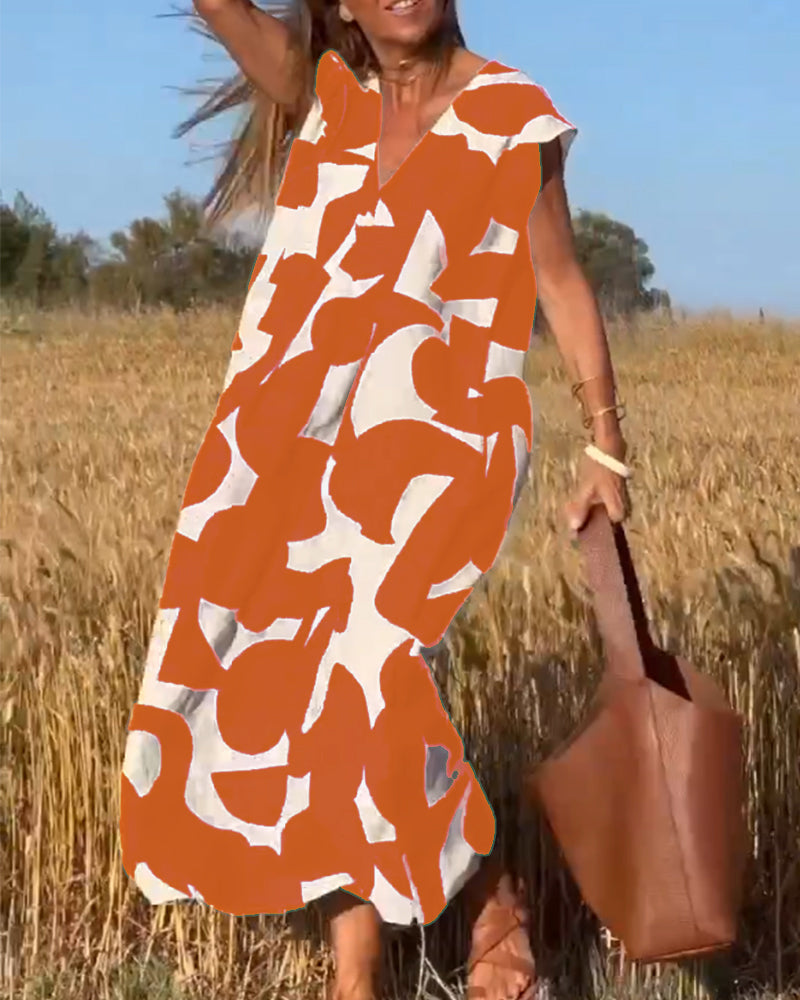 Printed V-Neck Dress – Hero – Orange