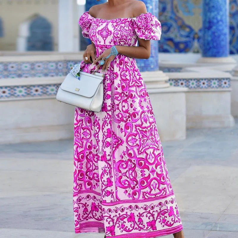 Women's Long Off-Shoulder Printed Dress – Logan – Pink