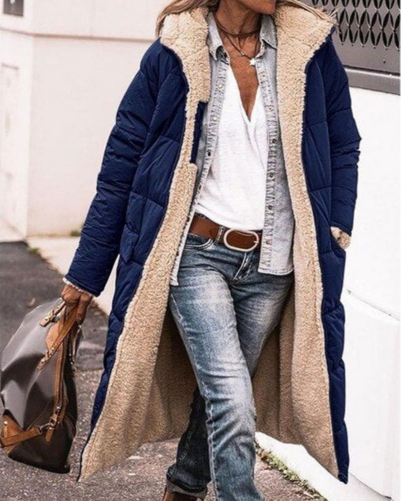 Women's Long Fleece-Lined Coat with High Collar – Anne – Navy