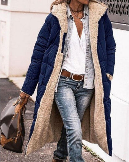 Women's Long Fleece-Lined Coat with High Collar – Anne – Navy