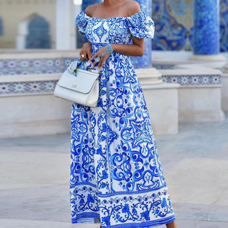 Women's Long Off-Shoulder Printed Dress – Logan – Blue