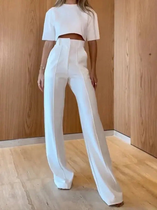 Cropped Top and High-Waist Wide-Leg Pants Set – Linnea – White