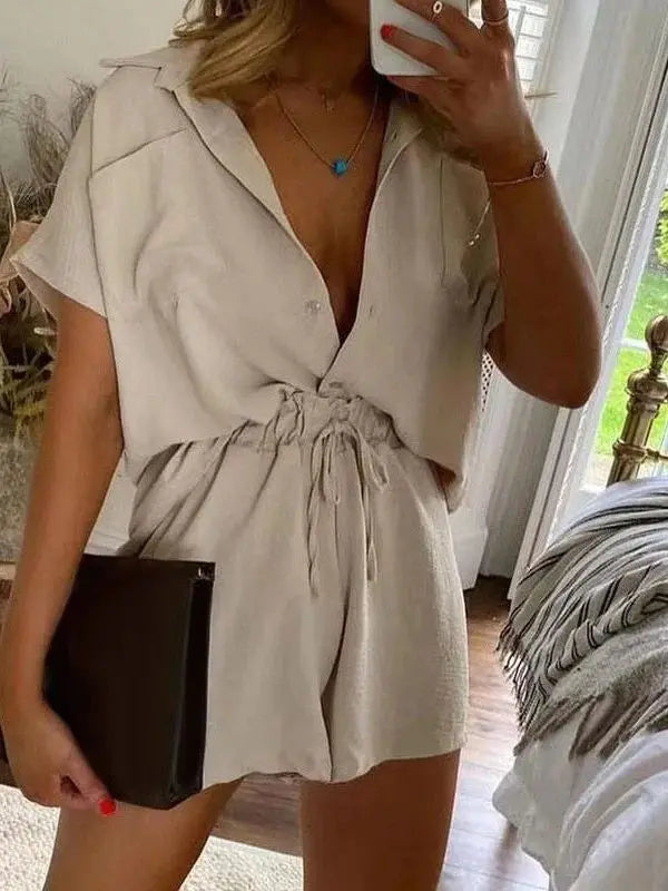 Women's Short-Sleeve Shirt and Shorts Set – Violet – Apricot