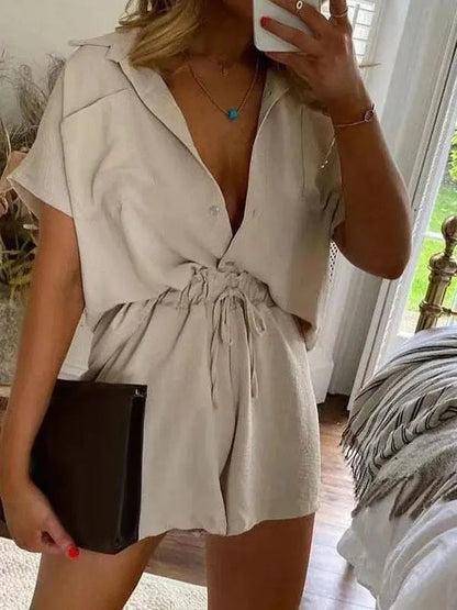 Women's Short-Sleeve Shirt and Shorts Set – Violet – Apricot