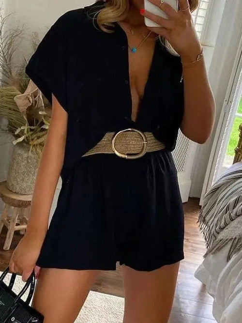 Women's Short-Sleeve Shirt and Shorts Set – Violet – Black