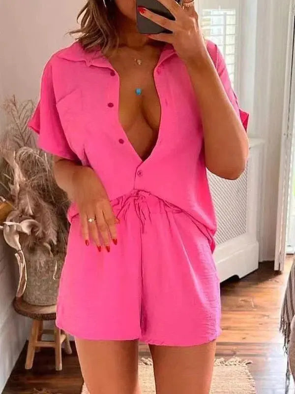 Women's Short-Sleeve Shirt and Shorts Set – Violet – Pink