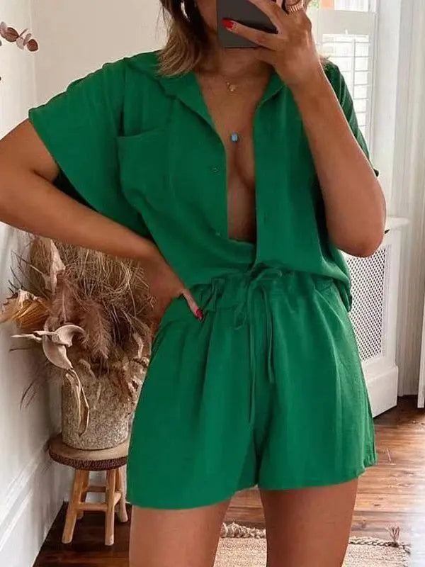 Women's Short-Sleeve Shirt and Shorts Set – Violet – Dark Green