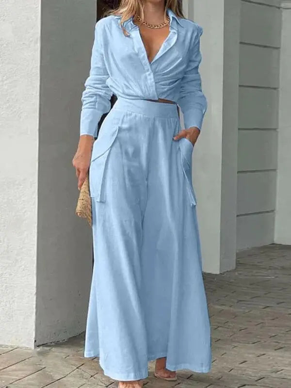 Women's Long-Sleeve Shirt and Wide-Leg Pants Set – Oriana – Blue