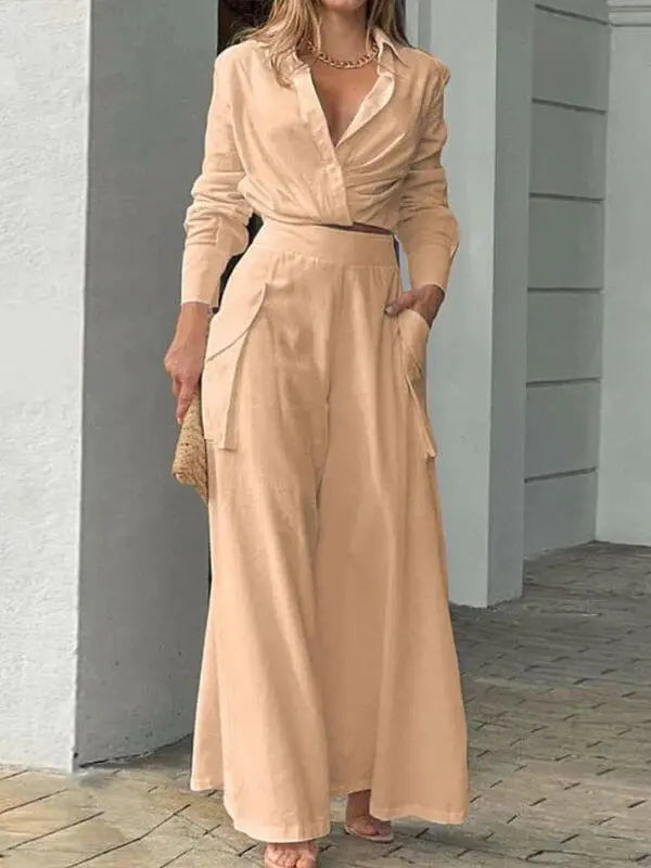 Women's Long-Sleeve Shirt and Wide-Leg Pants Set – Oriana – Beige