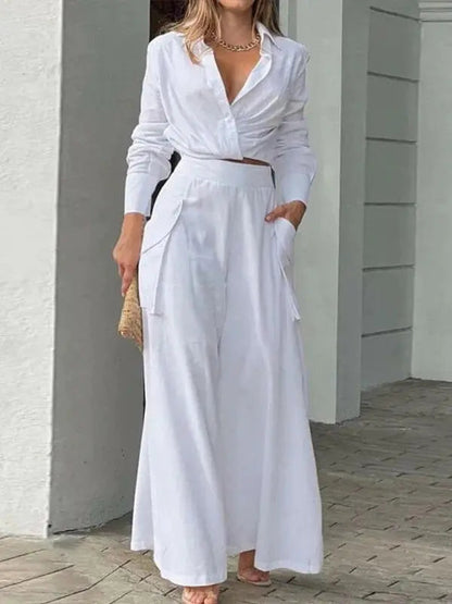 Women's Long-Sleeve Shirt and Wide-Leg Pants Set – Oriana – White