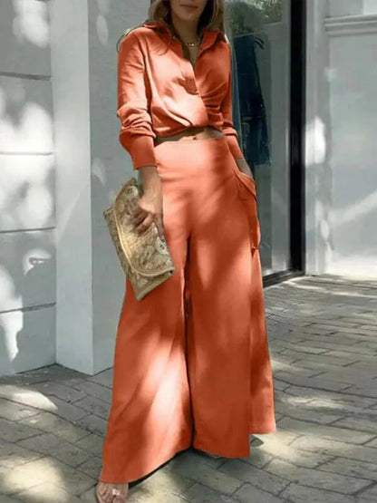 Women's Long-Sleeve Shirt and Wide-Leg Pants Set – Oriana – Coral