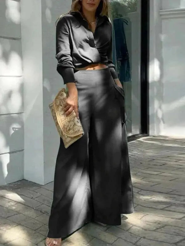 Women's Long-Sleeve Shirt and Wide-Leg Pants Set – Oriana – Black