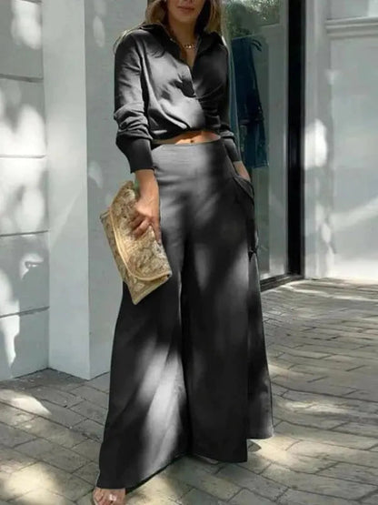 Women's Long-Sleeve Shirt and Wide-Leg Pants Set – Oriana – Black