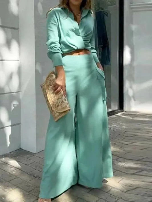 Women's Long-Sleeve Shirt and Wide-Leg Pants Set – Oriana – Green