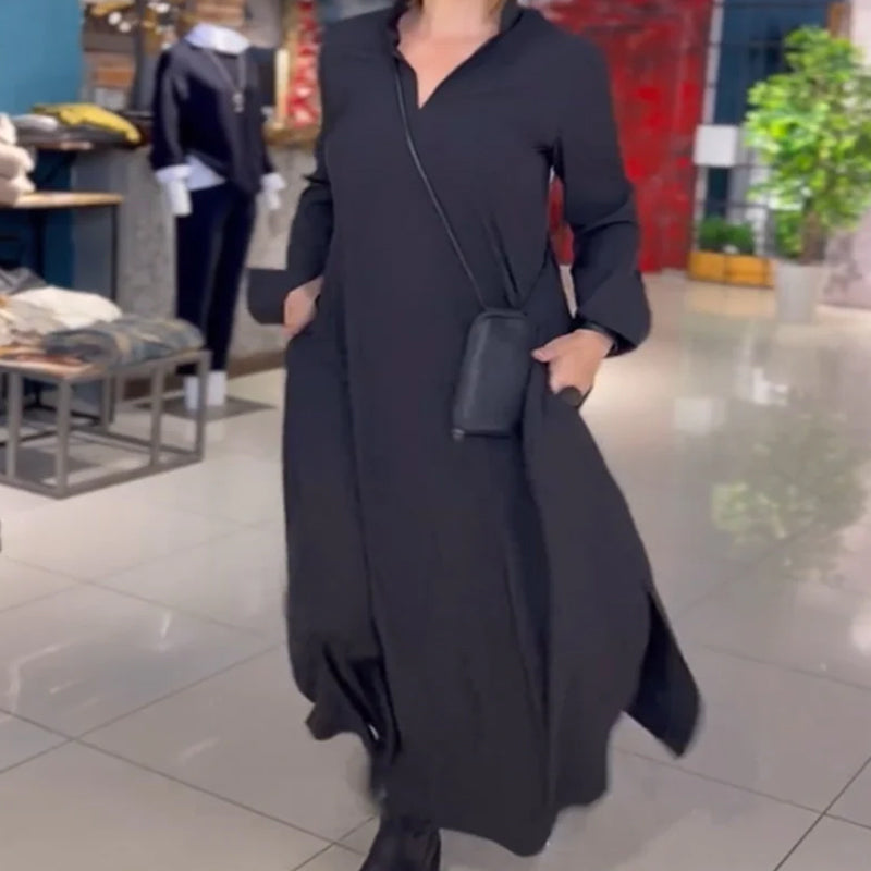 Long Relaxed Dress with Lapel and Side Slit – Ilaria – view 4