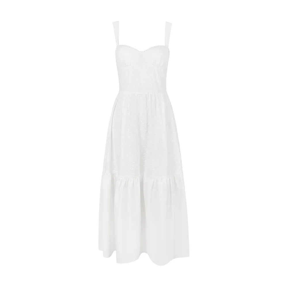 Women's White Lace Midi Dress with Wide Straps – Nivia – view 8