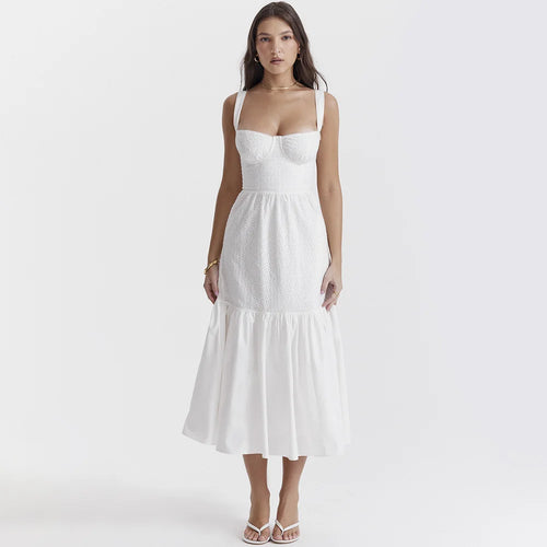 Women's White Lace Midi Dress with Wide Straps – Nivia