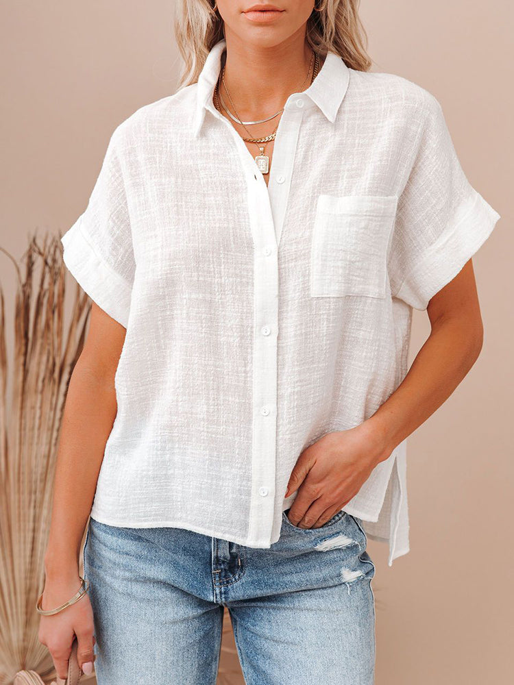 Women's Short-Sleeve Linen Shirt – Saffron – White