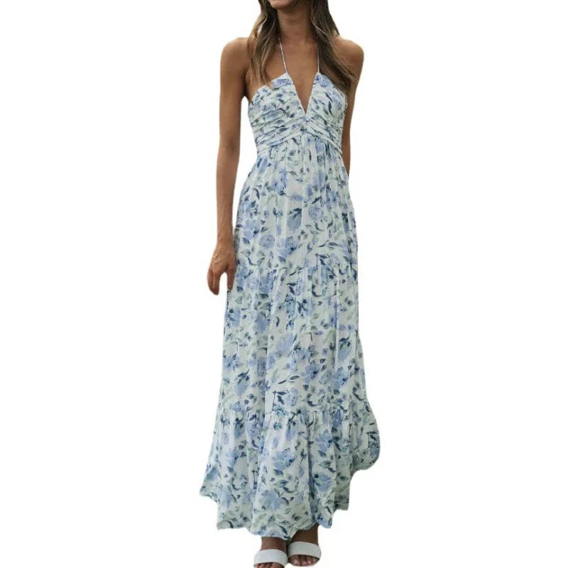 Women's Long Floral Chiffon Halter Dress – Zosia – Blue Floral