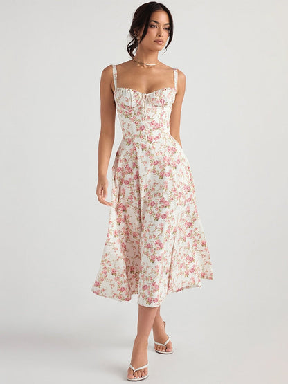 Women's Floral Midi Dress with Wide Straps – Francesca – Pink
