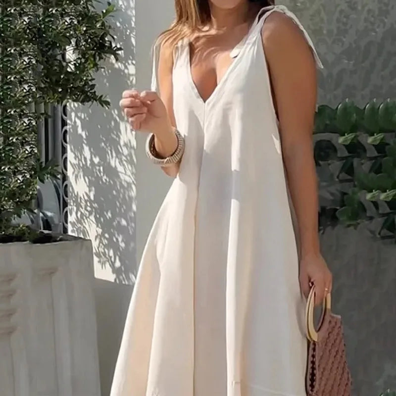 Long V-Neck Dress with Bow Straps – Ernestine – view 2