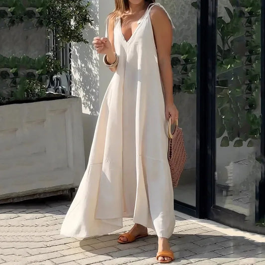 Long V-Neck Dress with Bow Straps – Ernestine