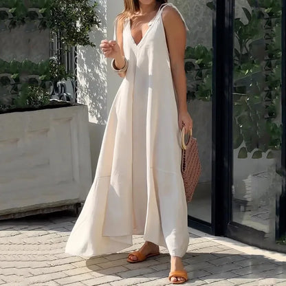 Long V-Neck Dress with Bow Straps – Ernestine – Champagne