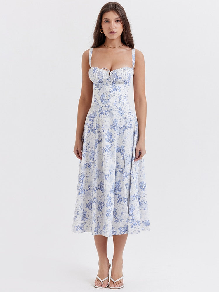Women's Floral Midi Dress with Wide Straps – Francesca – Blue