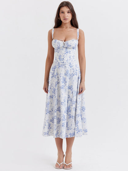 Women's Floral Midi Dress with Wide Straps – Francesca – Blue