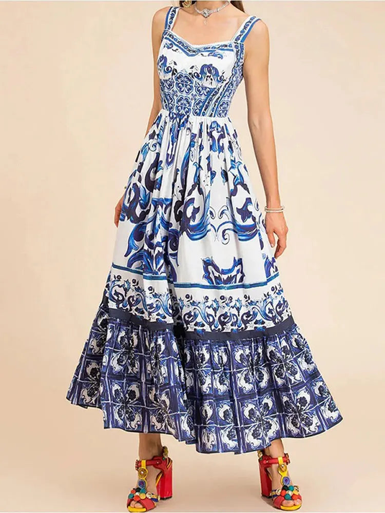 Women's Long Printed Dress – Kai – Blue
