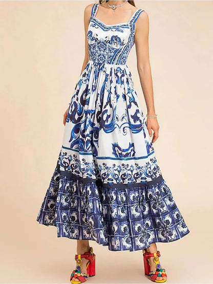 Women's Long Printed Dress – Kai – Blue