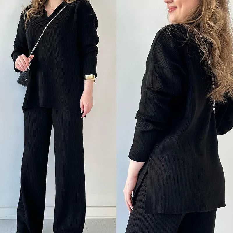 Women's V-Neck Two-Piece Set – Carina – Black