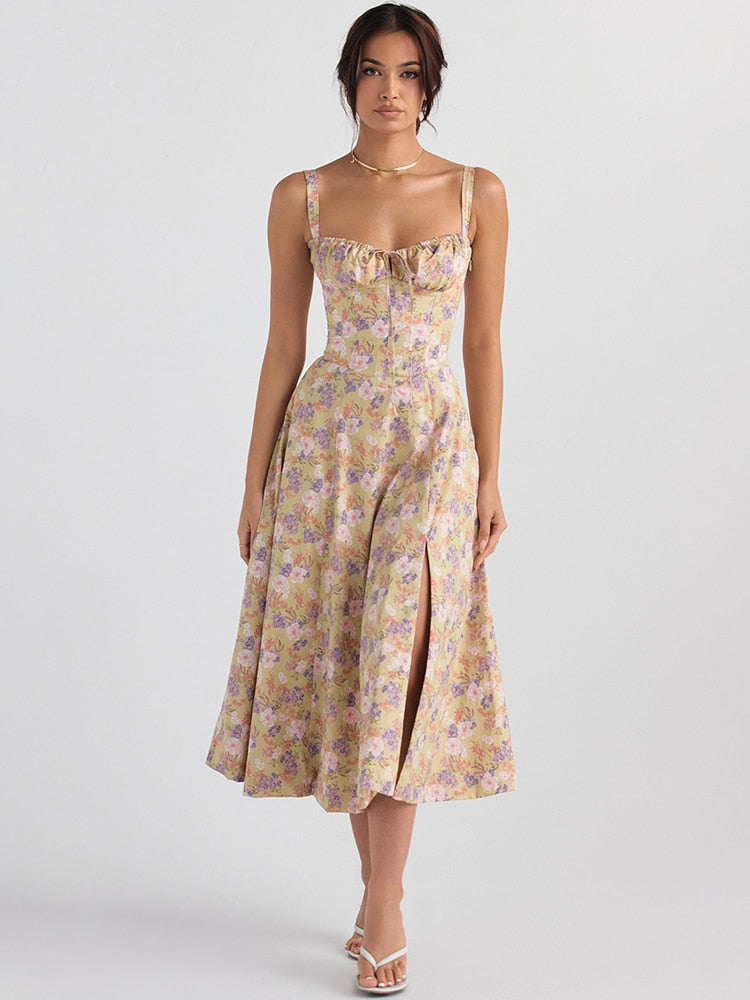 Women's Floral Midi Dress with Wide Straps – Francesca – Lilac