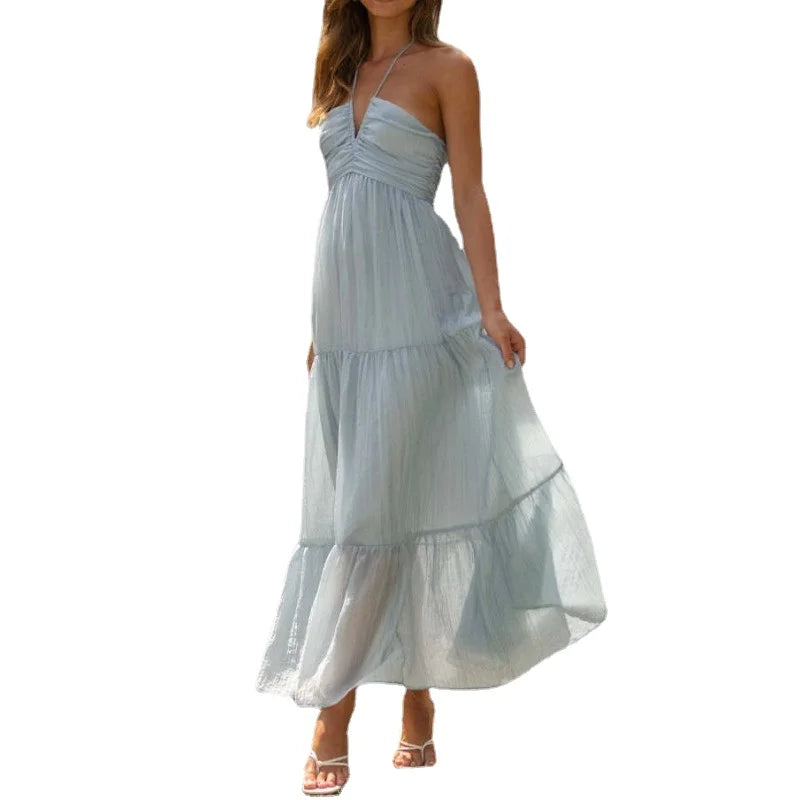 Women's Long Floral Chiffon Halter Dress – Zosia – Blue