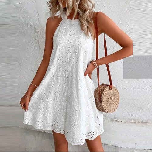 Women's Short Eyelet-Lace Crewneck Dress – Felicity – White