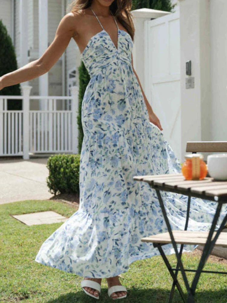 Women's Long Floral Chiffon Halter Dress – Zosia – view 2