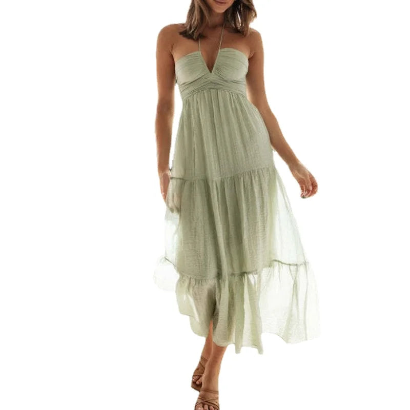 Women's Long Floral Chiffon Halter Dress – Zosia – Green