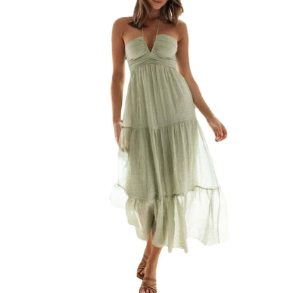 Women's Long Floral Chiffon Halter Dress – Zosia – Green