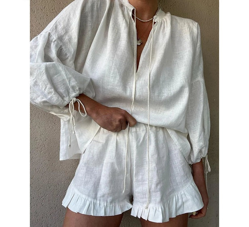 Women's Ruffled Shirt and Shorts Set – Fallon – White