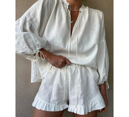Women's Ruffled Shirt and Shorts Set – Fallon – White