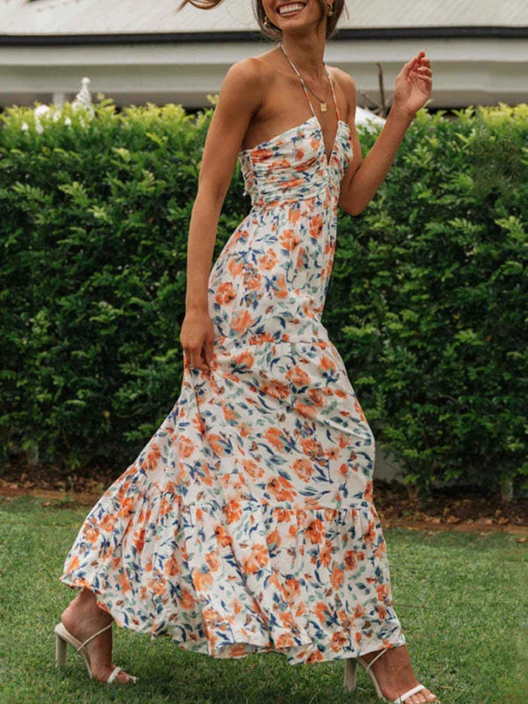Women's Long Floral Chiffon Halter Dress – Zosia – view 3