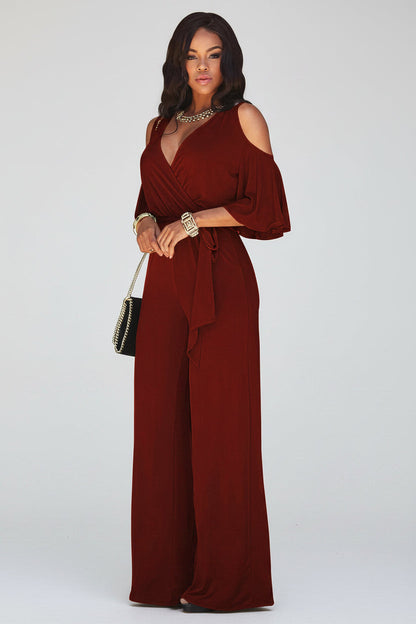 Women's Wrap V-Neck Wide-Leg Jumpsuit – Alana – Marsala