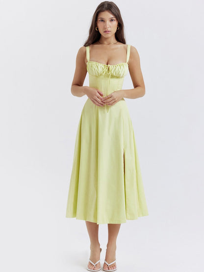 Women's Floral Midi Dress with Wide Straps – Francesca – Yellow