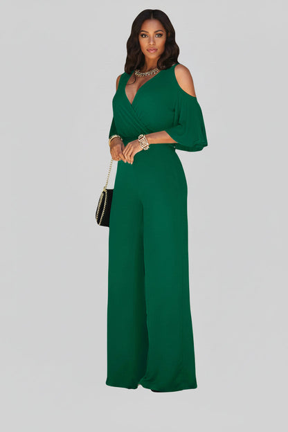 Women's Wrap V-Neck Wide-Leg Jumpsuit – Alana – Green